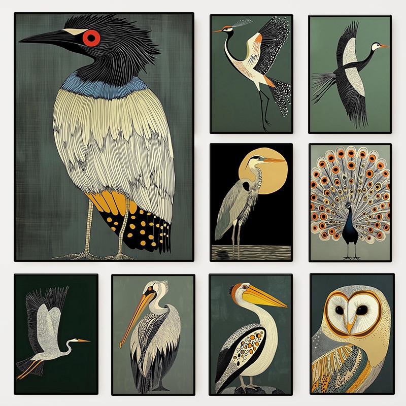 Home Decor Japandi Style - Vintage Japandi Nature Bird Poster Mid