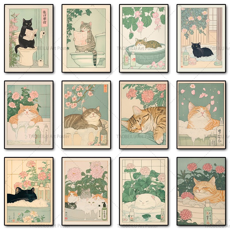 Home Decor Japandi Style - Japanese Tabby Cat in Bathtub Canvas
