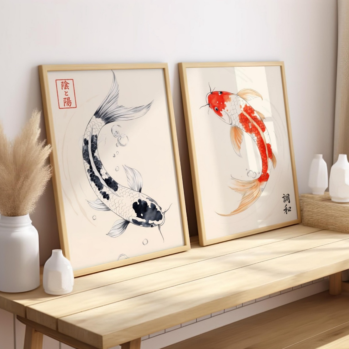 Home Decor Japandi Style - 2pcs/set Japanese Koi Fish Canvas Prints